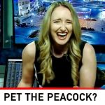 Laughing woman in news studio with street cameras.
