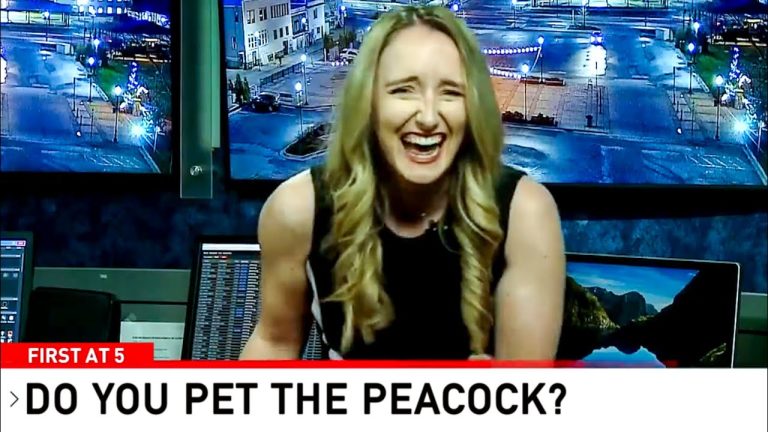 Laughing woman in news studio with street cameras.