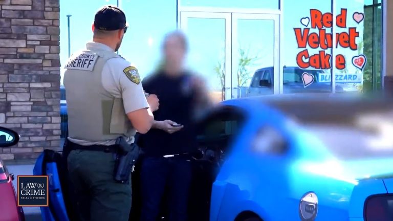 Sheriff talking to person by blue car