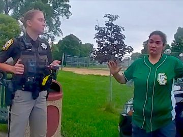 Police officer interacts with person in green shirt.