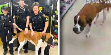 Police officers with a Saint Bernard in store