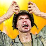 Animated soldier in distress, gripping helmet, colorful background.