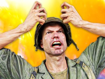 Animated soldier in distress, gripping helmet, colorful background.