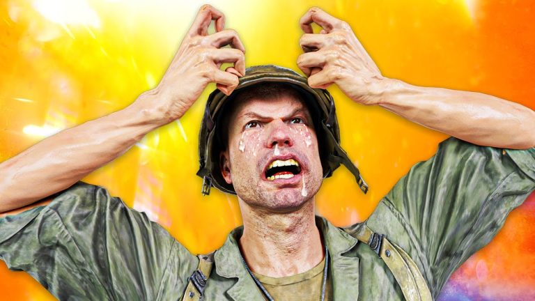 Animated soldier in distress, gripping helmet, colorful background.