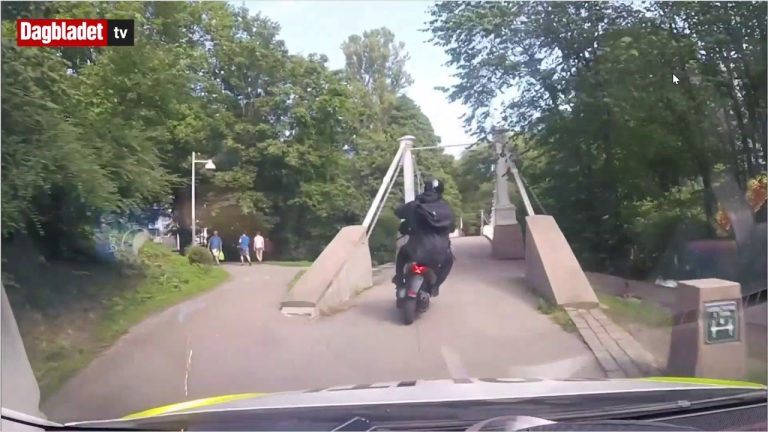 Motorcyclist crossing park bridge on sunny day.