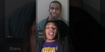 Person speaks with mugshot in background.
