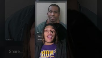 Person speaks with mugshot in background.