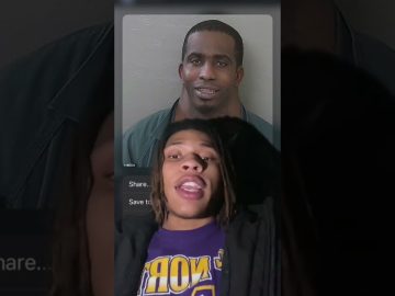Person speaks with mugshot in background.