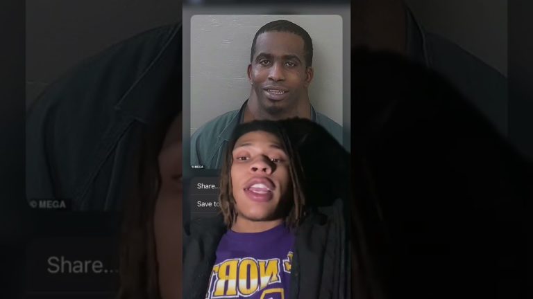 Person speaks with mugshot in background.