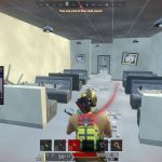 Player in virtual restaurant wearing gaming gear.