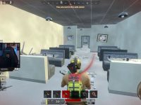 Player in virtual restaurant wearing gaming gear.