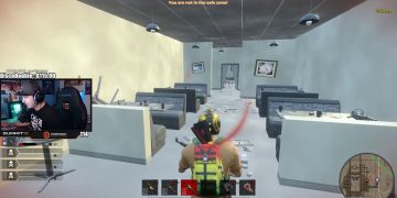 Player in virtual restaurant wearing gaming gear.