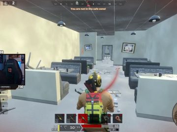 Player in virtual restaurant wearing gaming gear.