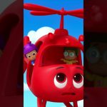 Animated kids in red helicopter adventure scene.