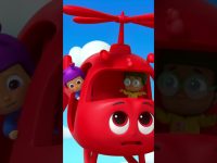 Animated kids in red helicopter adventure scene.
