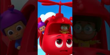 Animated kids in red helicopter adventure scene.