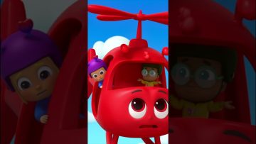 Animated kids in red helicopter adventure scene.