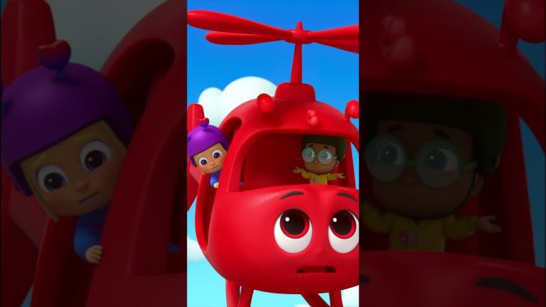 Animated kids in red helicopter adventure scene.