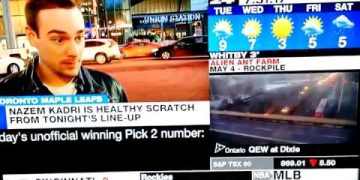 News broadcast displaying weather and sports updates.