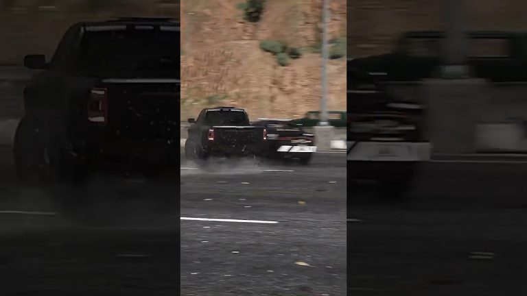 Truck drifting on wet road in city scene.