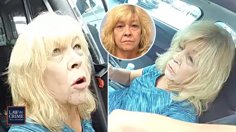 Woman in car with Law & Crime logo