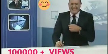 News anchor laughing during broadcast with 100,000 views.