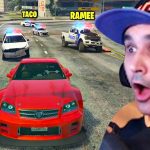 Excited gamer in car chase with police in game.