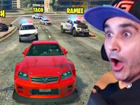 Excited gamer in car chase with police in game.