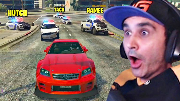 Excited gamer in car chase with police in game.