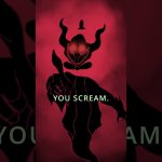 Silhouette of a demonic figure, red background.