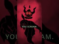 Silhouette of a demonic figure, red background.