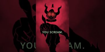 Silhouette of a demonic figure, red background.