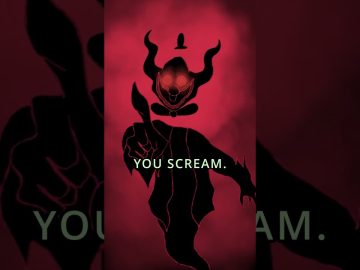 Silhouette of a demonic figure, red background.