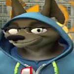 Smiling wolf in hoodie and glasses in city.