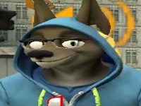 Smiling wolf in hoodie and glasses in city.