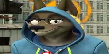 Smiling wolf in hoodie and glasses in city.