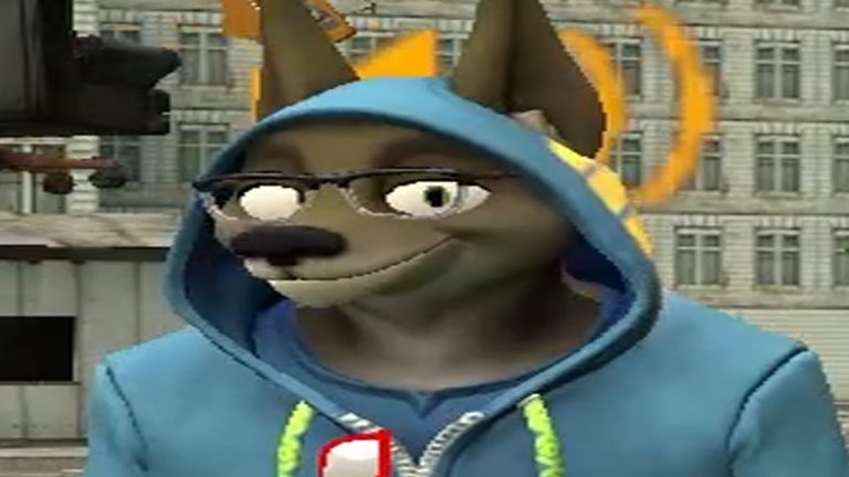 Smiling wolf in hoodie and glasses in city.