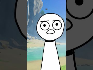 Surprised stick figure on beach background.