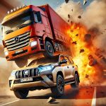 Truck and SUV collision with explosion on highway.