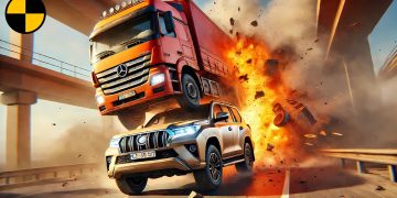 Truck and SUV collision with explosion on highway.