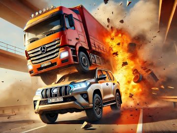 Truck and SUV collision with explosion on highway.