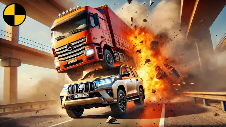 Truck and SUV collision with explosion on highway.