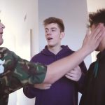 Three friends interacting playfully indoors