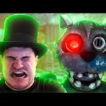Scared man next to animatronic cat with glowing eye.