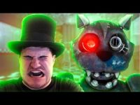 Scared man next to animatronic cat with glowing eye.