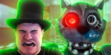 Scared man next to animatronic cat with glowing eye.