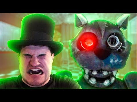 Scared man next to animatronic cat with glowing eye.