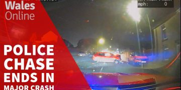 Police chase leads to dramatic crash at night.