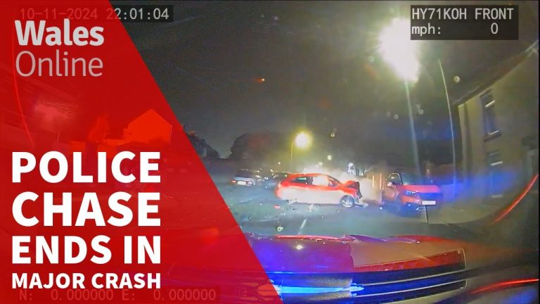 Police chase leads to dramatic crash at night.