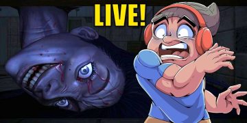 Scared cartoon character with creepy face behind, live broadcast.